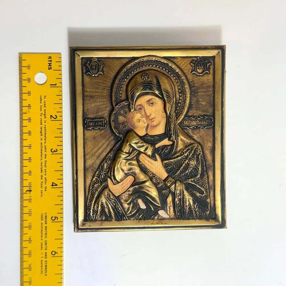Vintage Virgin of Vladimir Metal Oklad Icon Plaque Wall Hanging